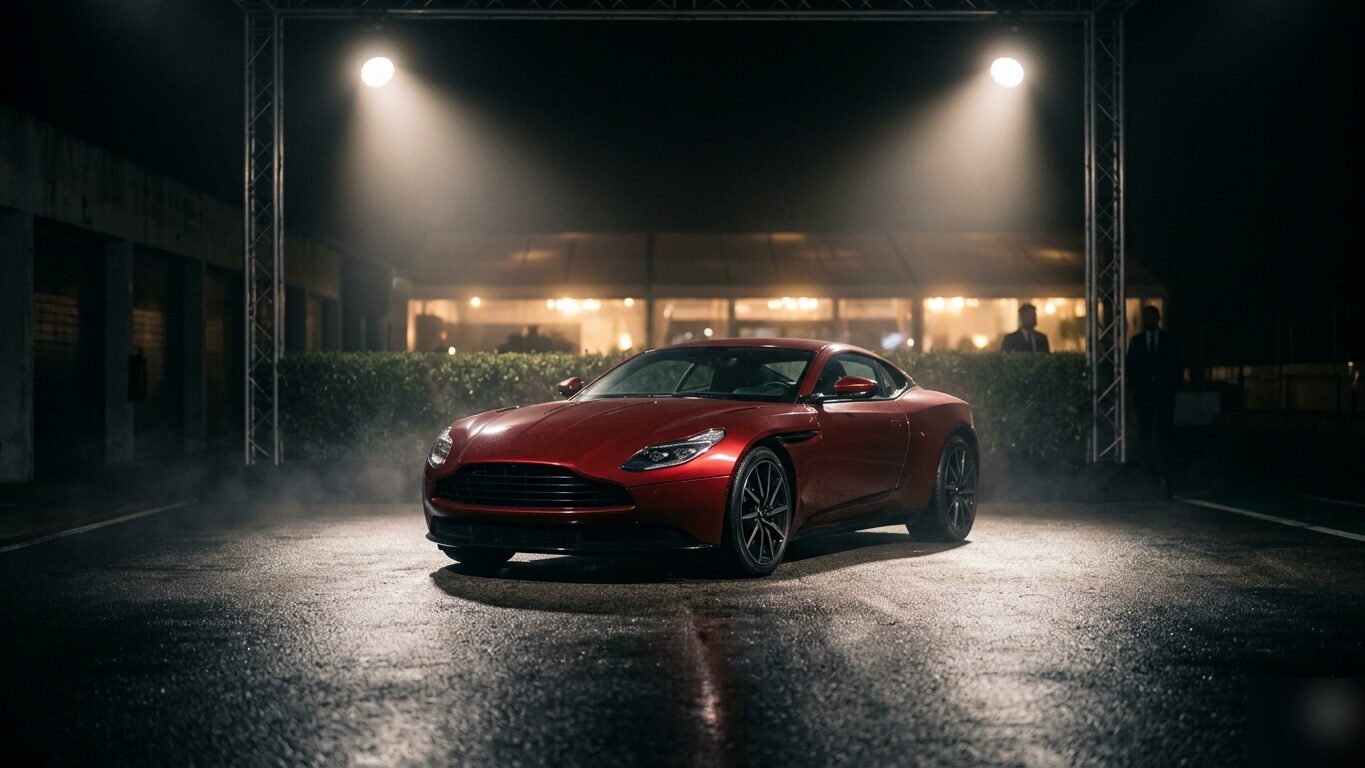 Evento de lanzamiento de marca de noche. Un único coche grand-touring bajo focos controlados sobre asfalto mojado, carpas desenfocadas al fondo.