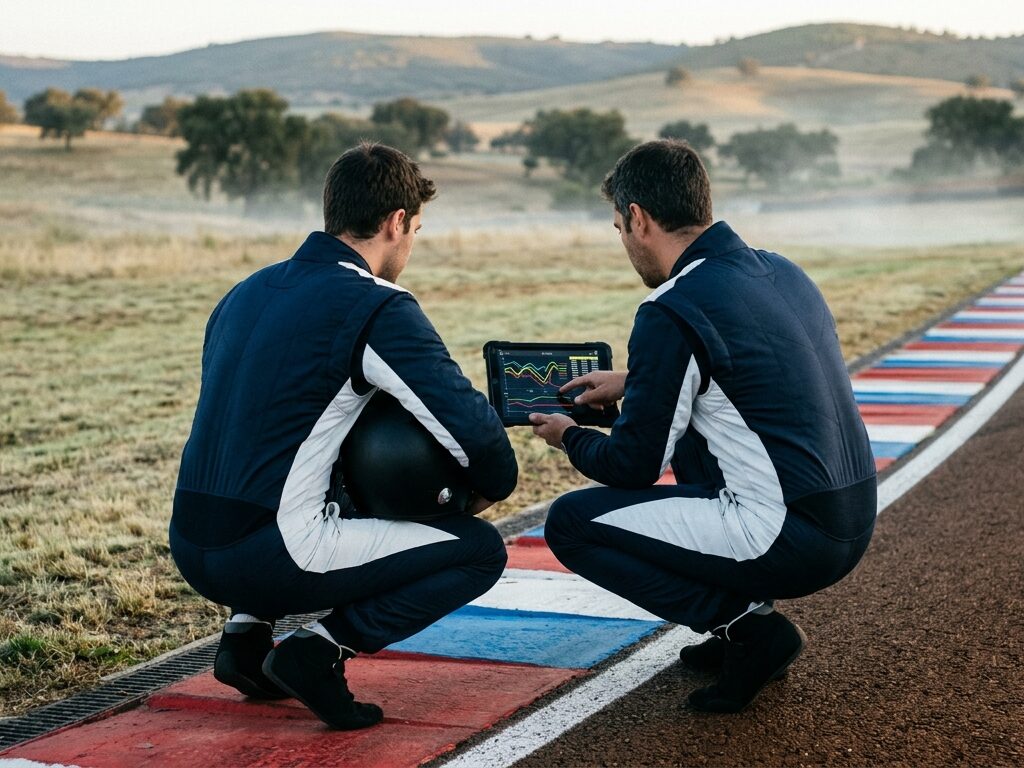 Piloto e instructor revisando telemetría en una tableta al borde del circuito, luz del amanecer, niebla sobre la hierba