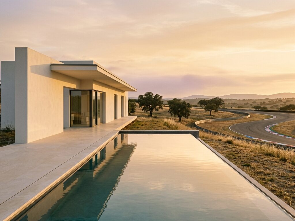 Villa moderna en el Alentejo a la hora dorada, piscina infinita reflejando el cielo, la cinta del circuito visible al fondo
